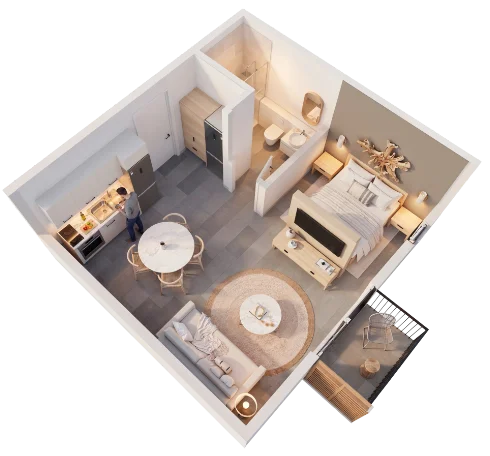 3D rendering of a modern studio apartment, top-down view showing kitchen, dining, living area, bedroom, bathroom, and balcony.