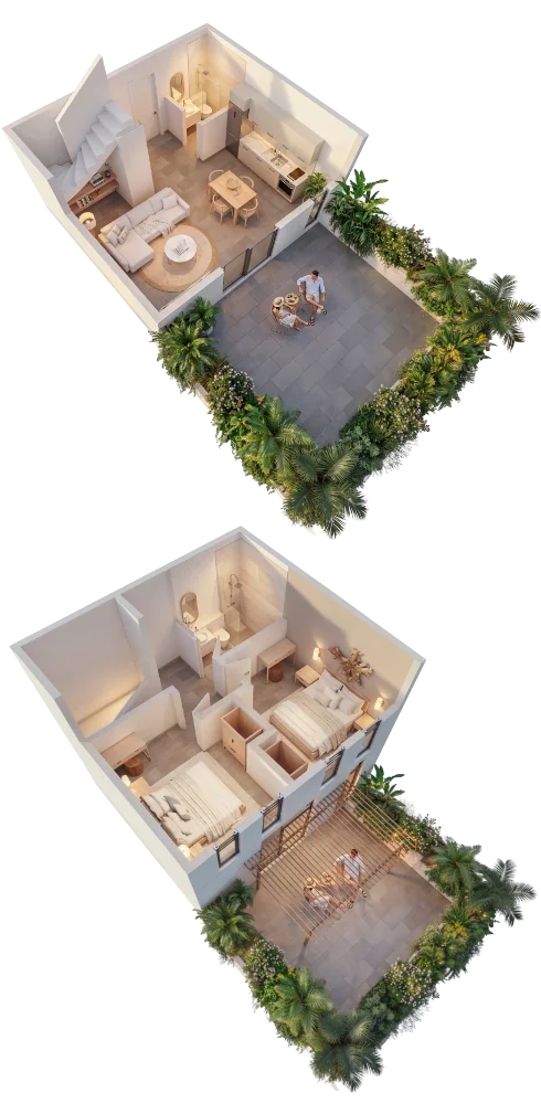 Architectural visualization of a two-level apartment with an open-plan living area and a master bedroom with an en-suite bathroom, both featuring outdoor patios.