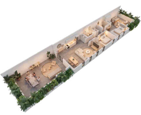 Aerial view of a modern apartment layout showing living room, dining area, kitchen, and bedrooms with outdoor patio seating.
