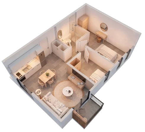 Isometric view of a modern 2-bedroom apartment with open-plan living, dining, kitchen, bathroom, and balcony.