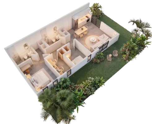 Bird's-eye view of a modern three-bedroom apartment floor plan with a spacious living area, kitchen, dining space, and private garden.