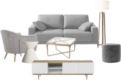 Modern living room furniture arrangement with a grey sofa, armchair, coffee table, media console, floor lamp, and ottoman.